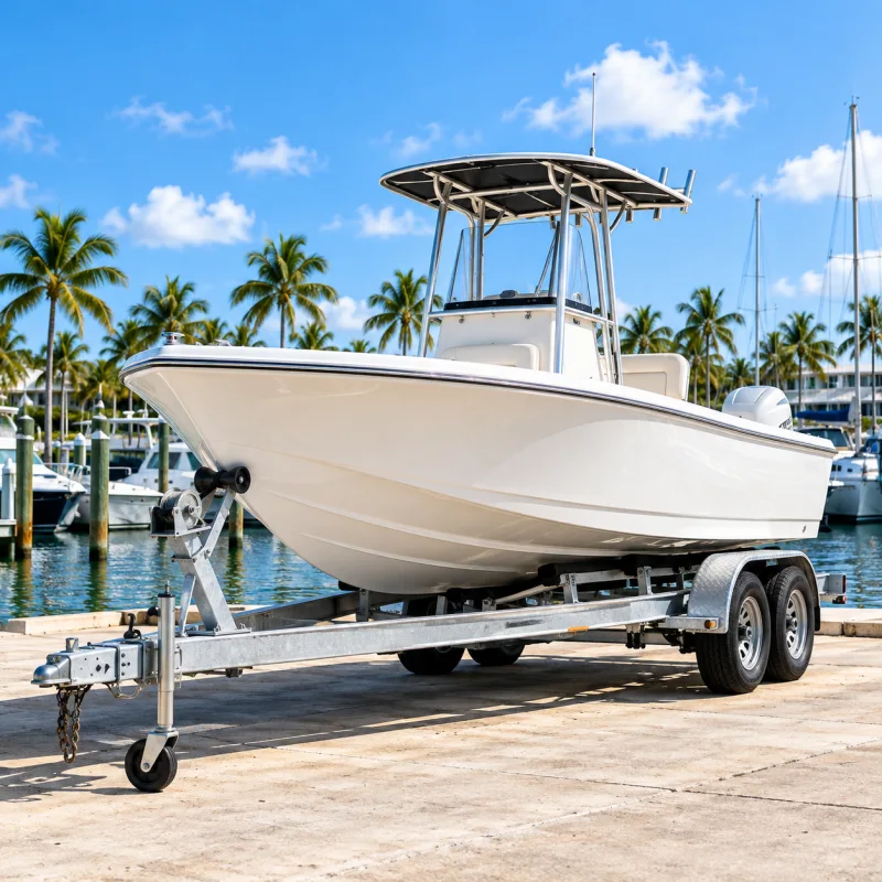 Boat supported on a trailer beside a marina
