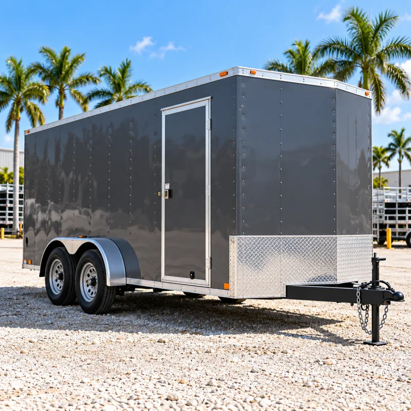 Enclosed utility trailer parked outdoors